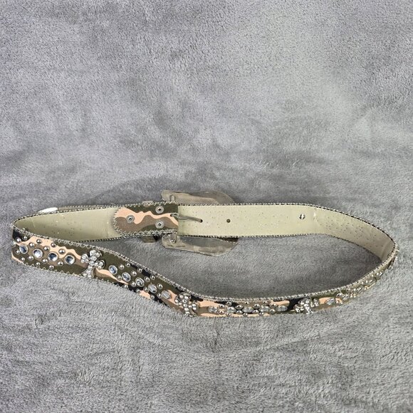 Rhinestone Studded Camouflage Genuine Leather Belt Sparkling Buckle & Tip Size M - Picture 3 of 6